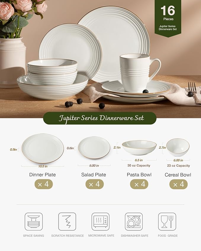 Famiware Jupiter Dinnerware Set with Pasta Bowl, Plates and Double Bowls Dish Sets for 4 (16 Pieces), Microwave and Dishwasher Safe, Chip and Scratch Resistant, White