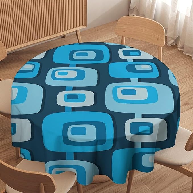 Mid Century Boho Round Tablecloth, Blue Mid Century Modern Art Abstract Geometric Pattern Retro Vintage Style Tablecloth for Home Party Dining Room Kitchen Decor 60Inch(152cm)