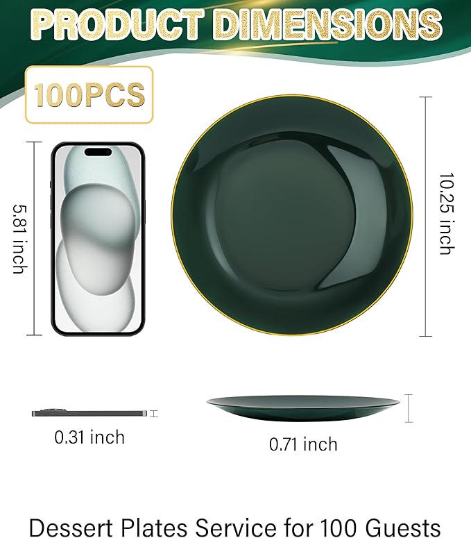 Nervure 100Pcs Green and Gold Plastic Plates - 7.5inch Disposable Green Dessert/Salad Plates - Heavy Duty Plastic Plate Ideal for Wedding & Party