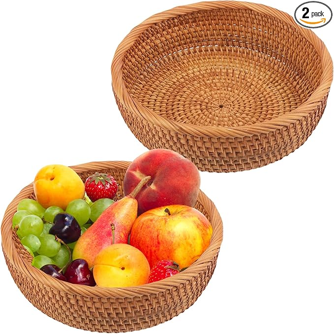 2 pack 9 inch Round Rattan Keys Basket Bowl for Organizing, Tabletop Wicker Organizer Basket Entryway, Hand-woven Rattan Storage Basket for Keys, Wallet, Cell Phone