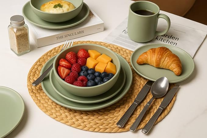 12-Piece Stoneware Dinnerware Set with Mugs | Microwave and Dishwasher Friendly | Stackable Matte Glaze Plates & Bowls | Service for 3 (Green for 3)