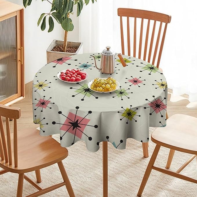 Retro Mid Century Round Tablecloth, Vintage Modern Colorful Abstract Geometric Art Bohemian Tablecloth for Home Party Dining Room Kitchen Decor 70Inch(178cm)