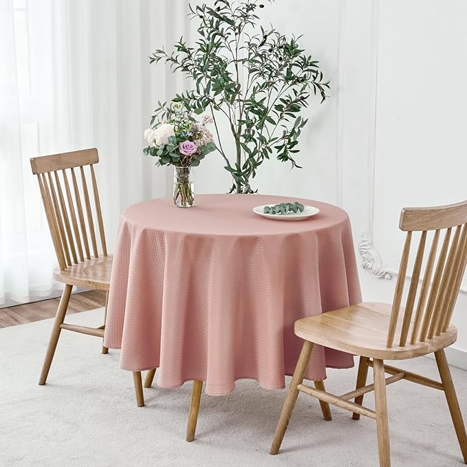 maxmill Round Weaved Texture Design Tablecloth Spill-Proof Wrinkle Free Soft Washable Table Cloth for Circular Table Cover, for Dining Room Banquet Parties Holiday Dinner, 90 Inch Pale Blush