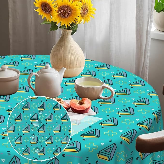 Laeacco 24 Inch Geometric Round Tablecloth Turquoise Triangle Pattern Modern Abstract Art Print Table Cloth Washable Waterproof Wrinkle Free Table Cover for Kitchen Dining Picnic Party Decoration