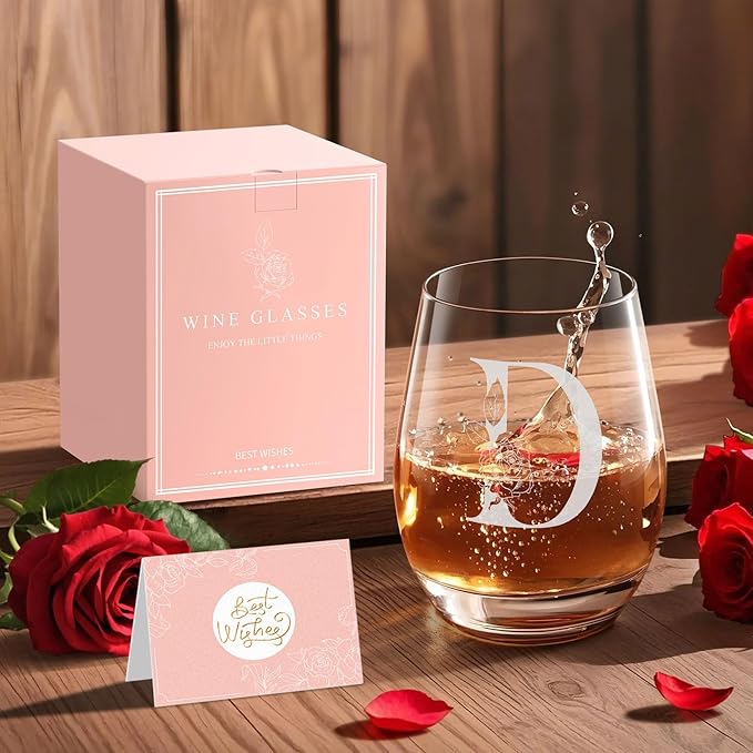 Valentines Day Gifts for Her, Gifts for Women Her Friend Mom Grandma Wife Sister Bridesmaid Nurse, Birthday Galentines Mothers Day Christmas, Personalized Initial Customized Wine Glasses 18OZ(D)