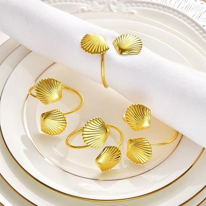 Decorative Napkin Rings Set of 6,Holders Decor Dinner Party,Wedding,Anniversary,Birthday,Table Decor Gift (Golden Shell)