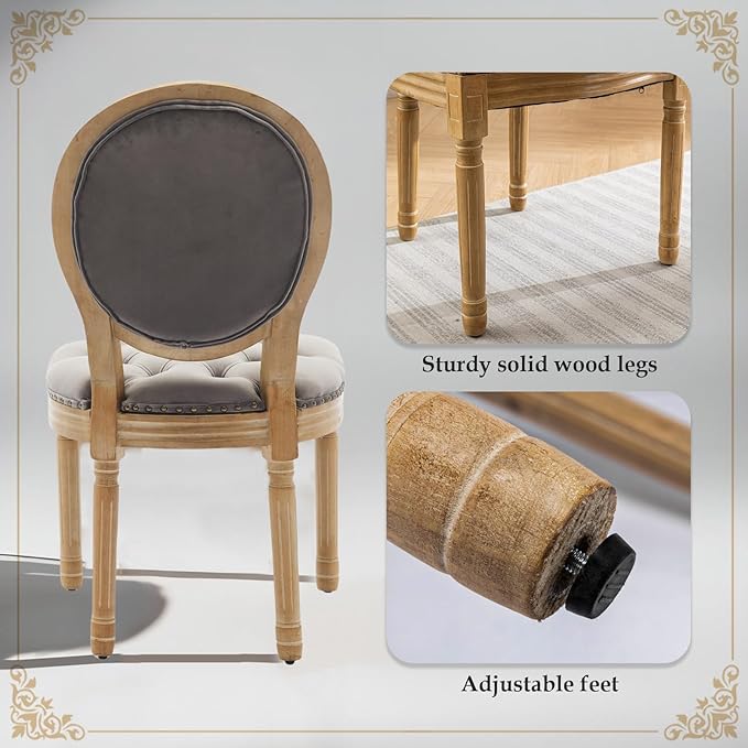 SoarFlash French Velvet Dining Chairs Set of 6, Vantage Dining Chair with Round Back, Wood Leg Farmhouse Country Dining Chair for Kitchen,Bedroom,Grey