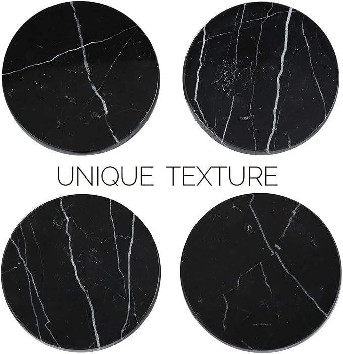 Koville Marble Coaster Set of 4, Round Coasters, 4" Stone Coaster for Drinks Coffee, White Marble Coasters for Coffee Table Home Bar Decor, Heat Resistant, Gift Choice(Black)