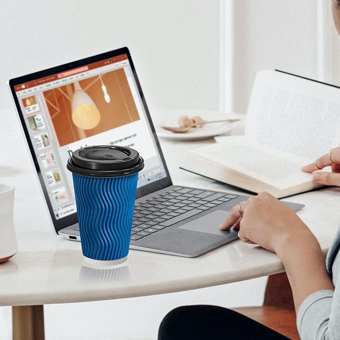 100 Pack Coffee Cups with Lids 16 oz, Disposable Insulated Ripple Wall To Go Paper Coffee Cups for Hot/Cold Drinks Office Home Shop Event (Navy)