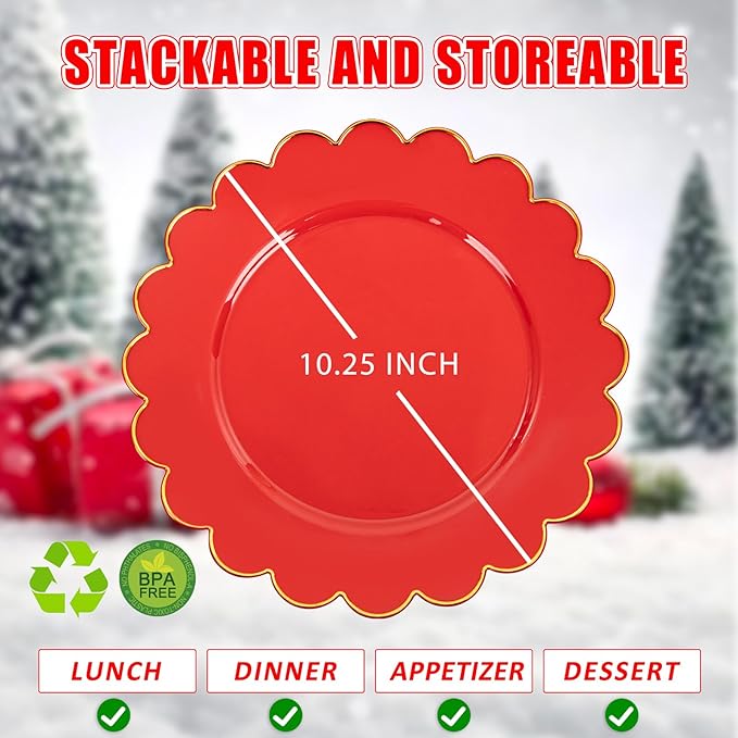 SUT 72 Pcs Red Plates Disposable, Red Plastic Plates With Gold Trim, 10.25 Inch red Dinner Plates, Fancy Plastic plates, plates Disposable Heavy Duty for Wedding, Parties