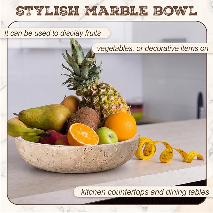 LemonRoad Travertine Decorative Bowl 7.8"x 2" Marble Round Stone Bowl for Entryway Key, Fruit, Kitchen Counter, Dining Table Centerpiece, Office Decor(Beige)