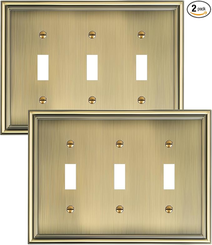 2-Pack Triple Toggle Light Switch Cover Plate, Durable Solid Zinc Alloy Decorative Switch Plate Covers, Antique Brass 3 Gang Wall Plate, Corrosion Resistant