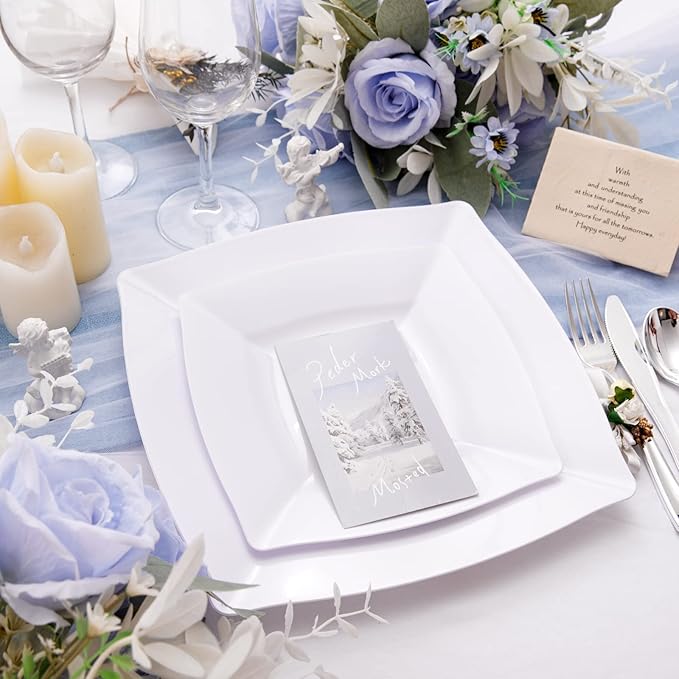 Morejoy 60 Pcs White Square Plastic Plates - White Disposable Dinner Plates 10.5" - Premium Appetizer Plate - Dessert/Salad Plate 9“ for Wedding & Birthday & Party