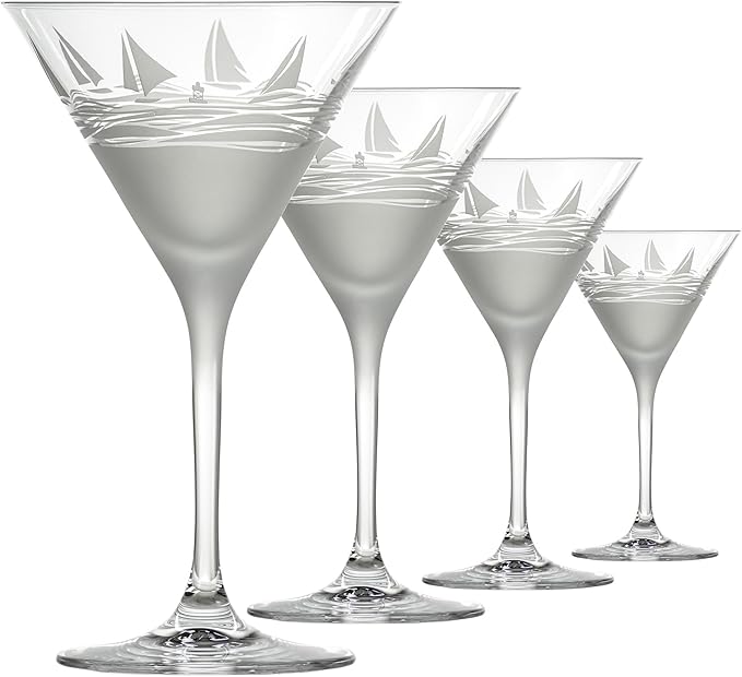 Rolf Glass Regatta 10oz Martini Cocktail Glass | Set of 4 Lead-Free Glasses | Proudly Made in the USA | Engraved Nautical Sailboat Martini Glasses