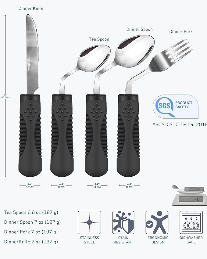 Adaptive Utensils (4-Piece Set) Weighted 7 oz - 42° Angled Utensils for Parkinson's Patients, Hand Tremors, Arthritis & Elderly - Eating Utensils for Elderly (Black: Left Handed)