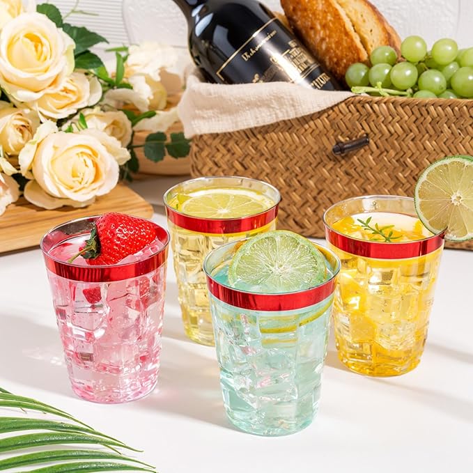 DaYammi 100 Pack Red Plastic Cups 10 Oz Clear Red Rimmed Plastic Cups for Party Fancy Disposable Cup for Wedding Disposable Glasses Clear Tumblers with red Rim for Party Elegant Wine Cocktail Cup