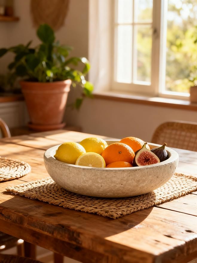 Handmade Travertine Stone Bowl | 7.8" Decorative Key & Fruit Bowl | Kitchen Counter, Dining Table Centerpiece, Entryway & Office Desk Decor (Beige)