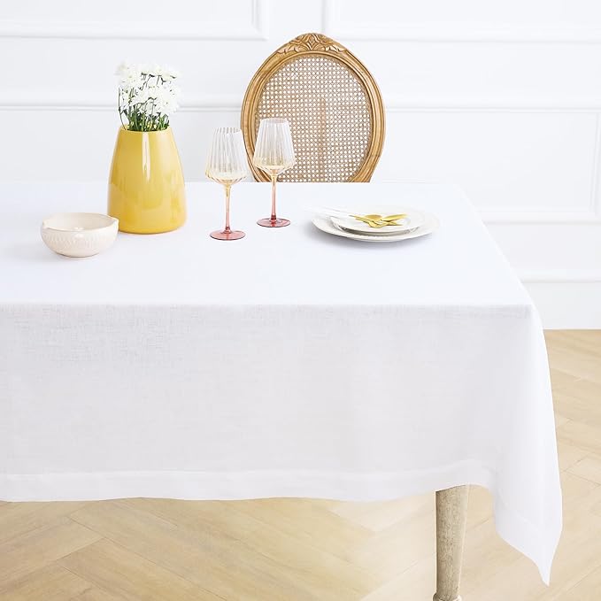 Solino Home Linen White Tablecloth 60 x 102 Inch - 100% Pure Linen Rectangular Tablecloth - Machine Washable Table Cloth for Winter, Valentines, Spring, Easter - Fete