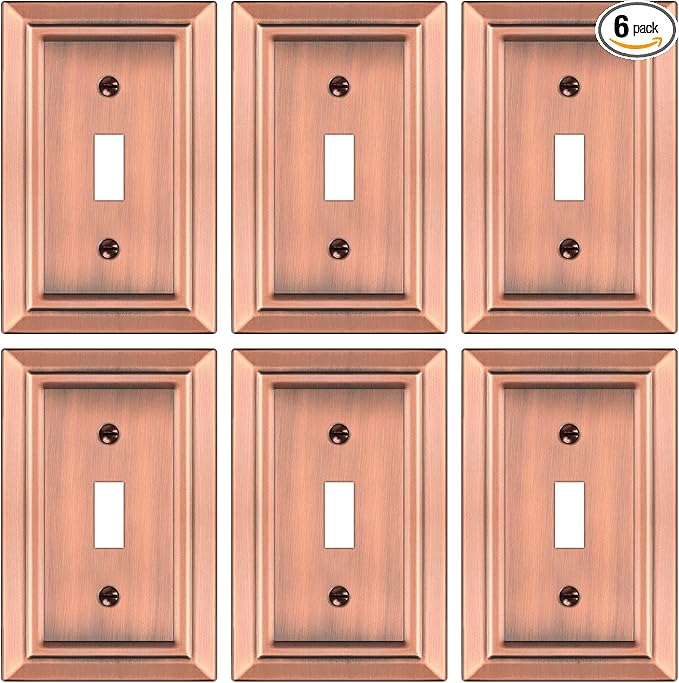 Antique Copper Light Switch Cover Plate Decorative Metal Switch Plates Outlet Cover, 1-Gang Wall Plate for Electrical Outlets (Single Toggle, 6 Pack)