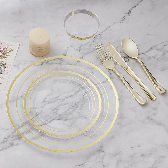 BESTVIP 100PCS Clear Plastic Plates, 10.25 Inch Disposable Dinner Plate Party with Gold Rim, Heavy Duty Disposable Plastic Plates for Party, Wedding and Birthday, Christmas, Thanksgiving