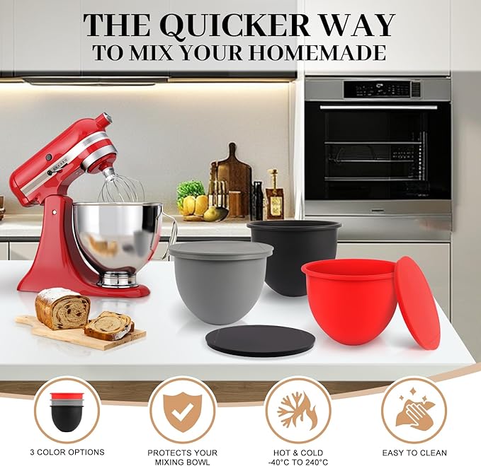 5QT Silicone Mixing Bowls with Lids (3 pack) Compatible with 5QT KitchenAid Mixer, Shatterproof, leak-proof design, Non-slip base, Easy-to-clean food storage bowls, Food-grade silicone