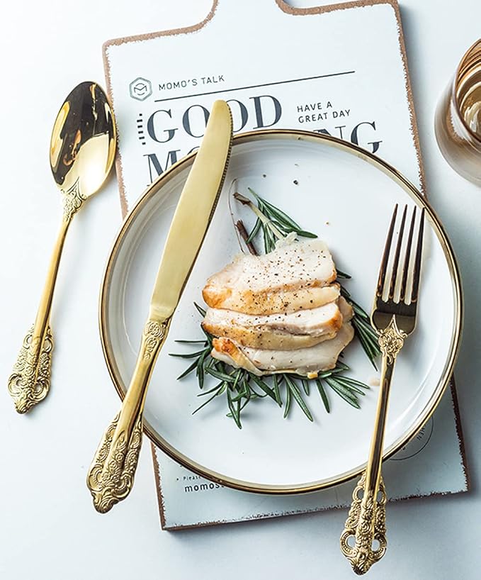 Gold Silverware Set for 14 Premium 18/10 Stainless Steel Flatware Set Palace Style 70 Piece Cutlery Tableware Utensils Embossed Decorative Handle Knives Forks and Spoons for Home Christmas Wedding