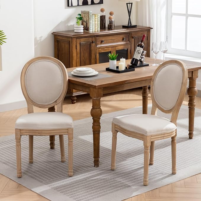 Vintage French Dining Chairs Set of 8, Round Back Accent Chairs with Linen Seat and Solid Wood Frame, Farmhouse Sillas de Comedor Upholstered for Dining Room & Kitchen, Beige