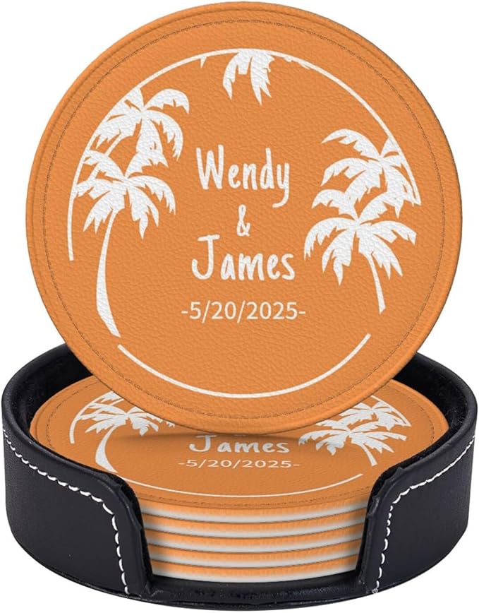 Personalized Drink Coasters, Customized Coasters Set of 6, Custom Coster 6 Pack with Name and Date, Gift for Christmas/Valentine’s Day/Wedding, Luxury Leather Gift Set, Custom Gift Bar Counter