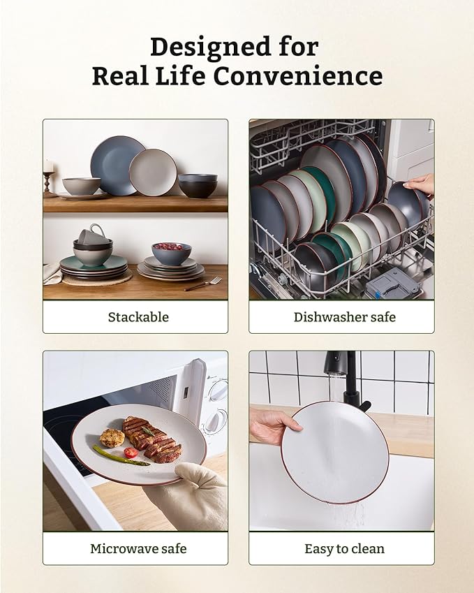Famiware Venus Speckled Dinnerware Set with Pasta Bowls, Service for 4 (16 Pieces), Stoneware Plates and Double Bowls Sets, Microwave & Dishwasher-Safe Dishes with Trim, Matte Light Grey