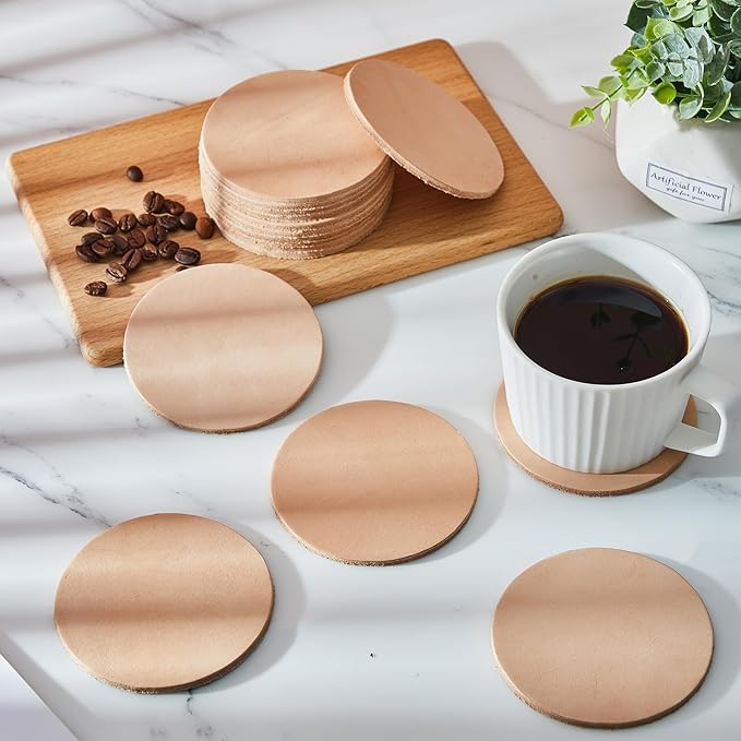 Bulyoou 100 Pack Round Vegetable Tan Leather 3-1/4" Tooling Veg Circular Leather Pieces Sheet for Laser Engraving Coasters Tooling Stamping Carving, Thickness 3.2 mm