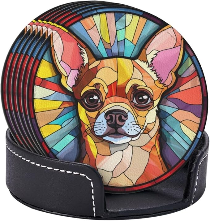 Drink Coaster Set of 6, Chihuahua Dog Mom Lover Gift,Leather Drink Coasters with Holder,6 Pack Cup/Bar/Drink Coasters for Table/Drinks/Coffee Protection Housewarming Gift
