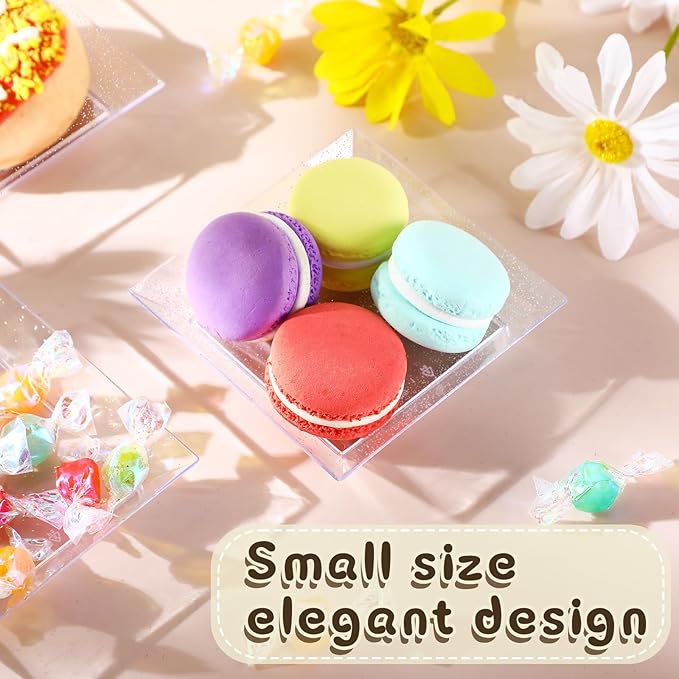 Zhehao 100 Pcs Clear Plastic Dessert Appetizer Plates, 3.6 x 3.6 Inch Disposable Small Square Plastic Dessert Cake Plates for Wedding Cake Appetizer Parties Reception(Silver Clear)