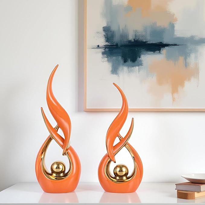 XMGZQ Gold Ceramic Abstract 2 Piece Statue Set,Mid Century Modern Abstract Art Home Decor Statue Mantelpiece on Unique Shelf Decor, TV Cabinet Divider Table top and Dining Table Centerpiece (Orange)