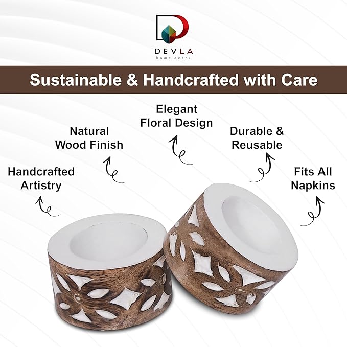 DEVLA Mango Wood Napkin Rings Set, Hand Carved & Hand Painted White Washed, 10 Pieces, Round Table Decor