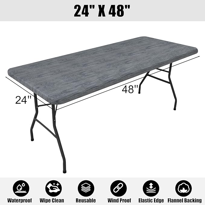 Smiry Rectangle Table Cloth Cover, Waterproof Elastic Fitted Picnic Tablecloth for 4 Foot Tables, Wipeable Flannel Backed Vinyl Tablecloths for Camping, Dining, Outdoor (Dark Grey, 24" x 48")