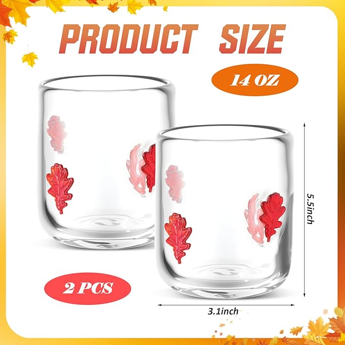 Icon Juice Glasses, 14oz Stemless Wine Drinking Juice Glass Cup for Valentine Party Supplies Gift(2 Pcs,Maple Leaf)