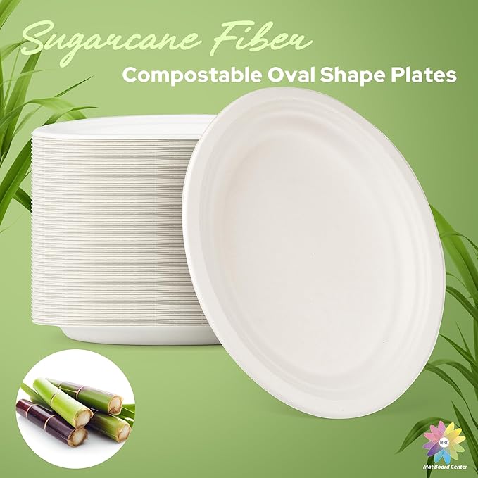 Mat Board Center, 12.5x10 Inch, 500-Count, Compostable Plates, Natural Bagasse (Sugarcane Fiber), Everyday Tableware - Disposable - Oval Shape - Microwave-Safe - Gluten-Free - Eco-Friendly