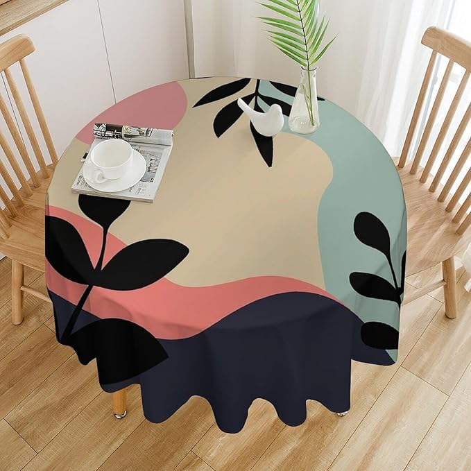 Medieval Bohemian Abstract Round Tablecloth, Mid Century Modern Leaves Geometric Tablecloth for Home Party Dining Room Kitchen Decor 70Inch(178cm)