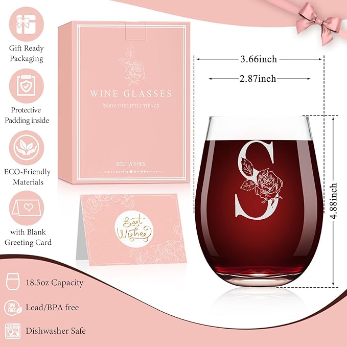 Valentines Day Gifts for Her, Gifts for Women Her Friend Mom Grandma Wife Sister Bridesmaid Nurse, Birthday Galentines Mothers Day Christmas, Personalized Initial Customized Wine Glasses 18OZ(S)
