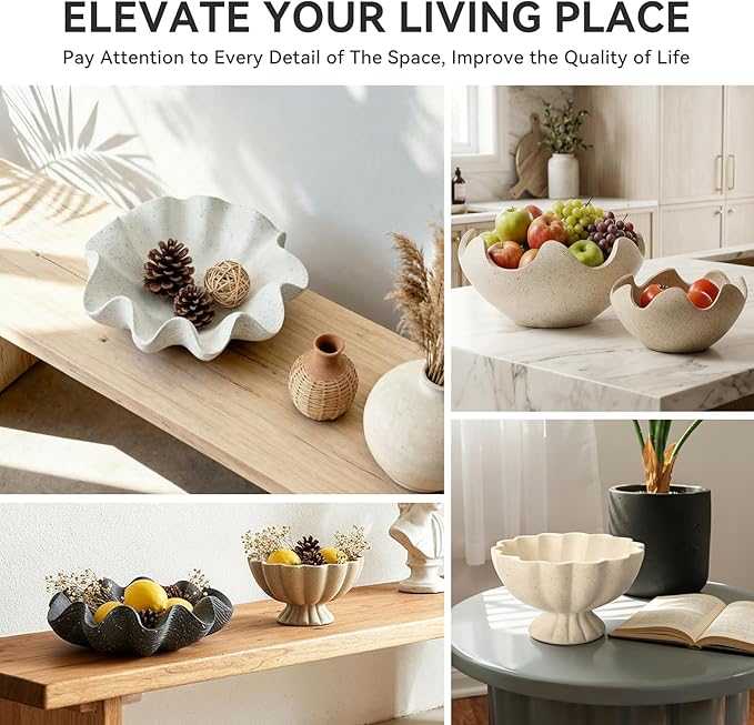Pedestal Decorative Bowl Home Decor - Morden Handicraft Decorative Fruit Bowl for Kitchen Counter, Chic Ruffle Bowl Centerpiece Decor for Dining Table Coffee Table (Artificial Stone Beige)