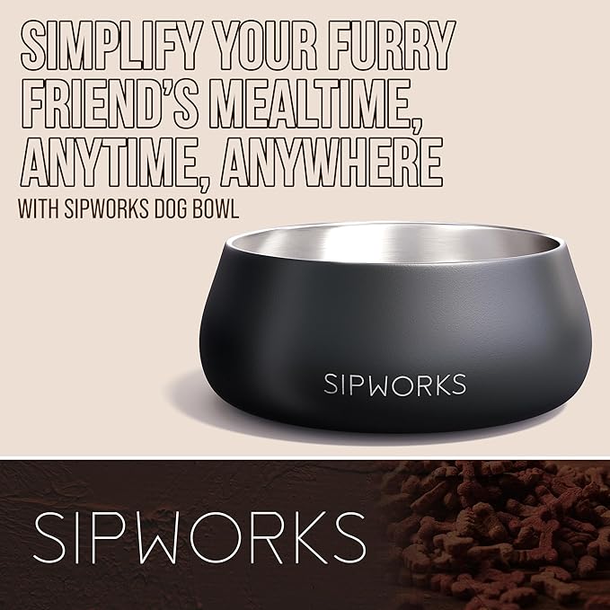 Sipworks Stainless Steel Dog Bowl – 32oz Weighted Metal Food and Water Bowls for Dogs and Cats with Non-Slip Base - Pet Bowls for All Breeds Sizes for Travel & Outdoor Play - Mahogany