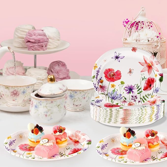 Grencian 50Pcs Floral Oval Paper Plates 10" X 12" Large Disposable Wildflower Plates Heavy Duty Watercolor Flower Platters for Spring Birthday Picnic Wedding Bridal Baby Shower Tea Party Supplies