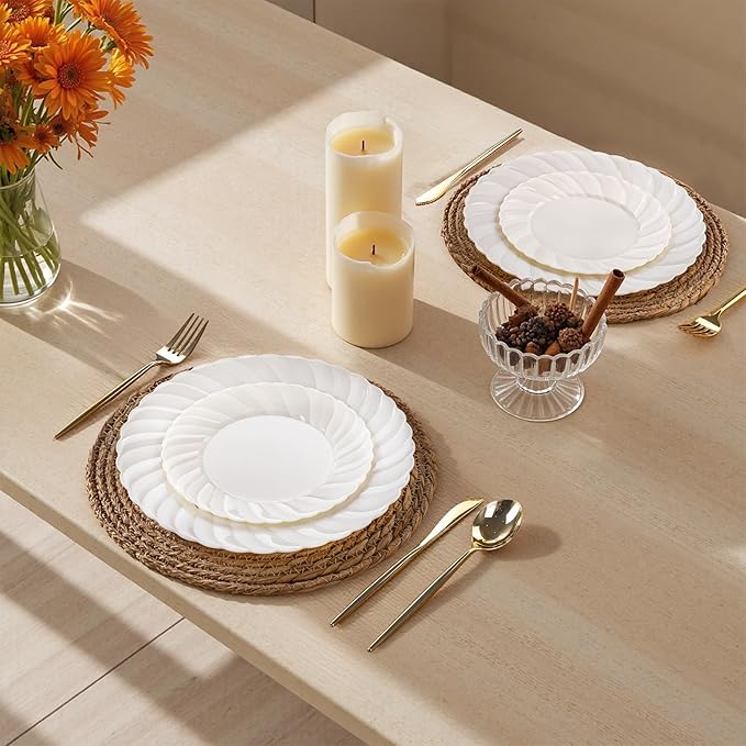 U-QE 60 Pcs Ivory Plastic Plates for Party – Scalloped Plastic Plates Heavy Duty & Elegant – Include 30 10.25" Dinner & 30 7.25" Dessert Plates - Perfect for Party & Wedding