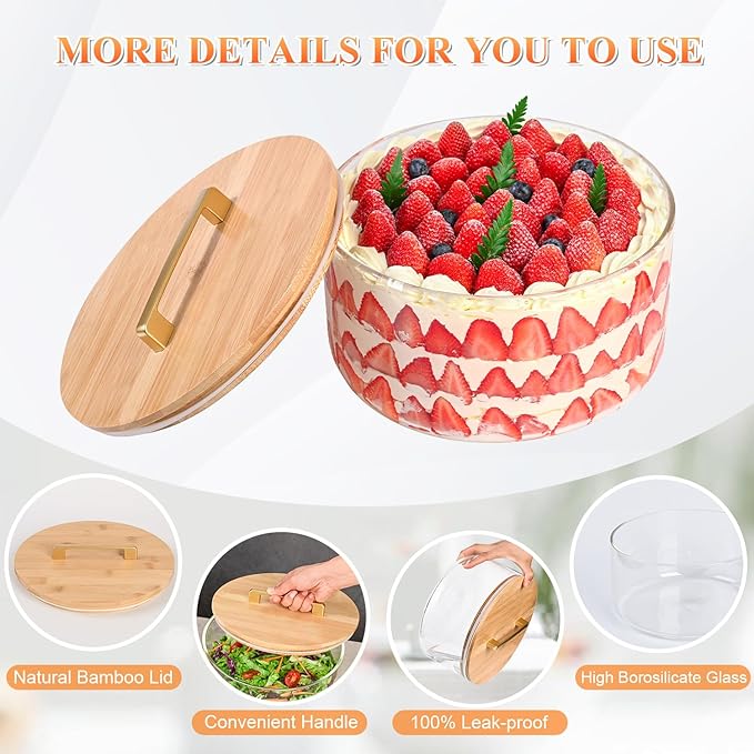 Large Salad Bowl, 10 inch Trifle Bowl Glass with Sealed Lid, Versatile Mixing and Serving Bowl for Laying Ice Cream, Cake, Salad, Fruit, Baking, Dessert and Party Diy, Microwave Safe