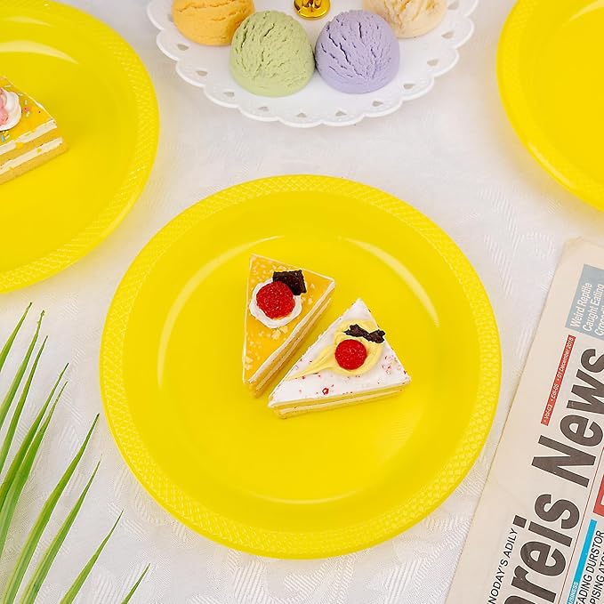 WELLIFE Yellow Party Plates 7 Inch -150 Count, Plastic Disposable Dessert Plates for Party Easter Mother's Day Cake Appetizers Salad Picnic BBQ