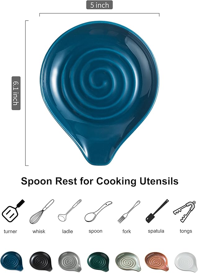 LAUCHUH Spoon Rest for Stove Top, Ceramic Spoon Holder for Kitchen Countertop, Large Cooking Utensil Rest for Spatula, Spoons or Tongs, Framhouse Decor, Blue, 5 Inches
