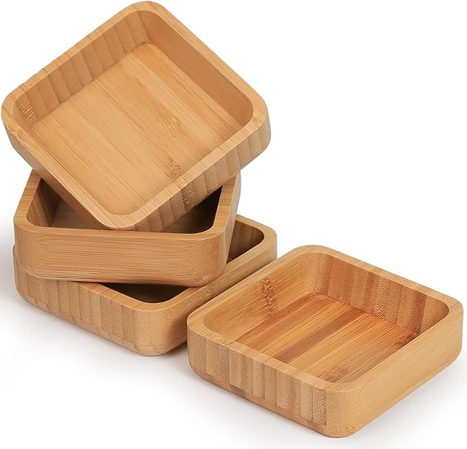 Bamboo Wooden Bowls Set, 4-inch Square Snack Bowls for Appetizers, Dips, Nuts Desserts and More, Small Reusable Wooden Serving Bowl for Dinner Party and Entertaining, Eco Friendly (4 Pcs)