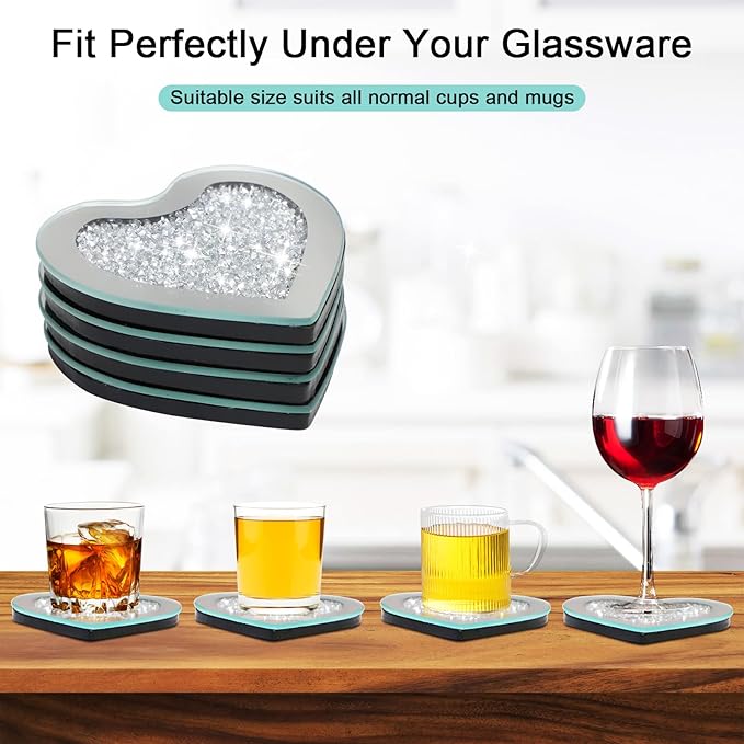 Glass Mirrored Coasters Set of 4, Heart Shaped Coasters with Crystal Diamond, Mirrored Silver Glass Cup Mats for Drinks, Advanced Top Decorations (4" x 4")