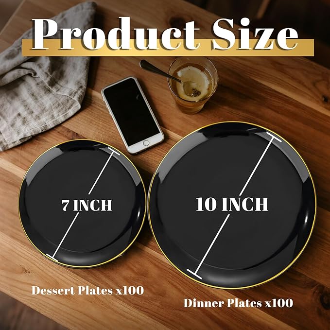 KIRE 200Pcs Black Plastic Plates - Black and Gold Plates Disposable for Party - Include 100 for Dinner and 100 for Dessert for Birthday/Wedding/New Year