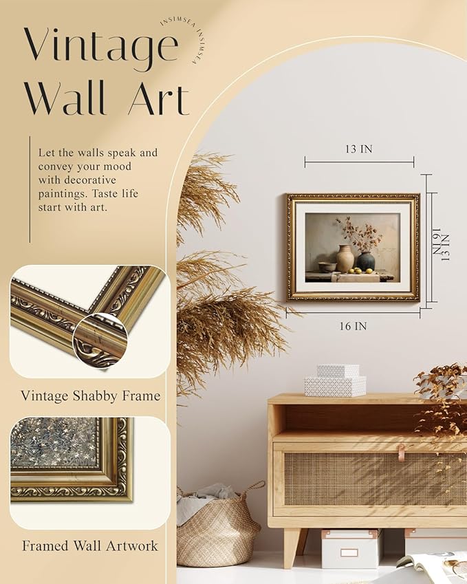 InSimSea Gold Picture Framed Wall Art, Vintage Dried Flowers Jars Kitchen Wall Decor, Still Life Fruits Canvas Print Art, Home Farmhouse Decor, Antique Paintings with Frame 13x16inch
